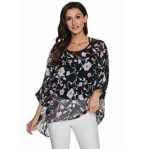 BHflutter Plus Size Blouse Shirt Women Fashion Vintage Black Chiffon Blouses Ladies Batwing Casual Summer Tops Tunics ropa mujer