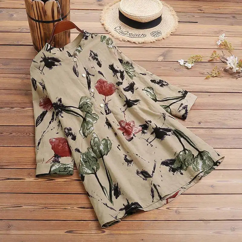 ZANZEA Women Autumn Floral Printed Blouse 2025 Bohemian 3/4 Sleeve Holiday Shirt Chemise Female Casual Party Blusas Tunic Tops