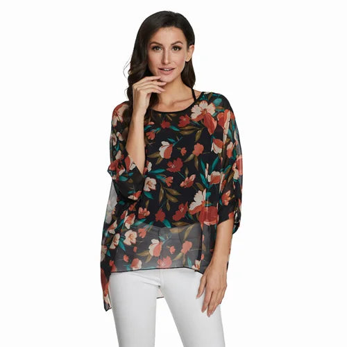 BHflutter Plus Size Blouse Shirt Women Fashion Vintage Black Chiffon Blouses Ladies Batwing Casual Summer Tops Tunics ropa mujer