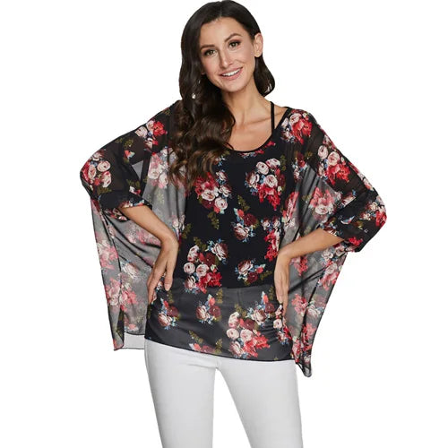 BHflutter Plus Size Blouse Shirt Women Fashion Vintage Black Chiffon Blouses Ladies Batwing Casual Summer Tops Tunics ropa mujer
