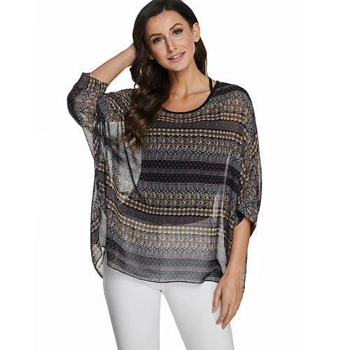 BHflutter Plus Size Blouse Shirt Women Fashion Vintage Black Chiffon Blouses Ladies Batwing Casual Summer Tops Tunics ropa mujer