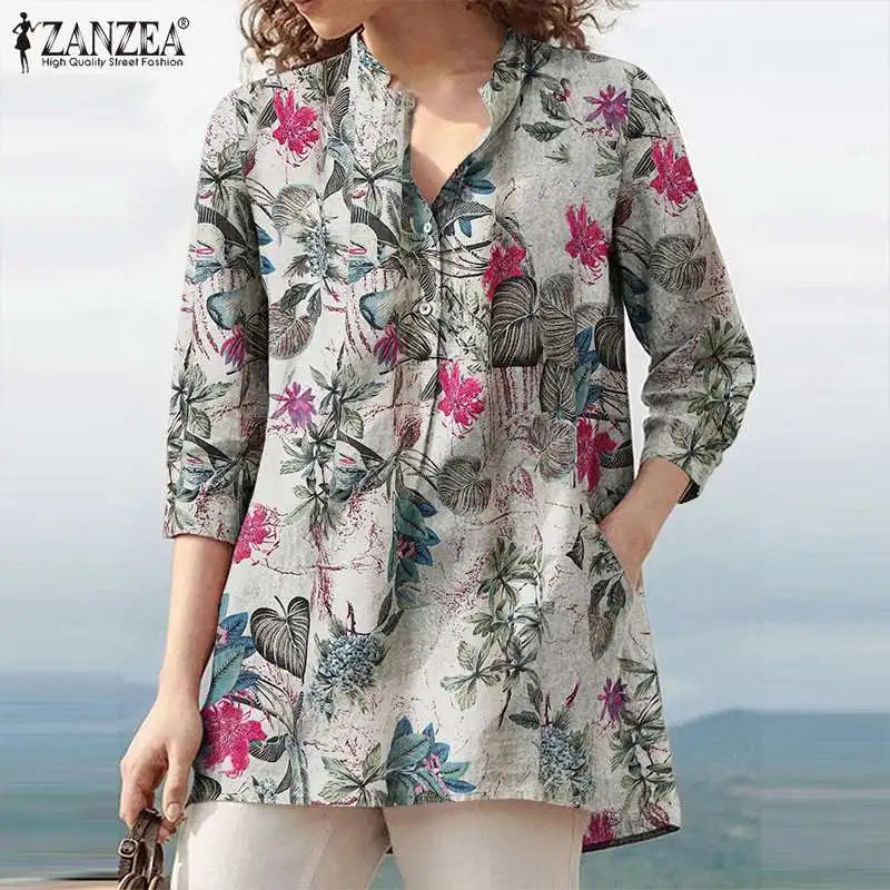 Floral  Printed Blouse Oversized Women Casual V Neck 3/4 Sleeve Shirt ZANZEA Retro Maxi Cotton Tops Bohemian Work Female Blusas
