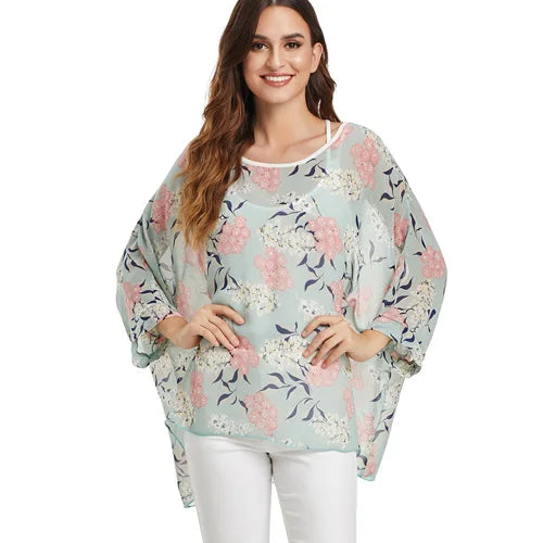BHflutter Plus Size Blouse Shirt Women Fashion Vintage Black Chiffon Blouses Ladies Batwing Casual Summer Tops Tunics ropa mujer