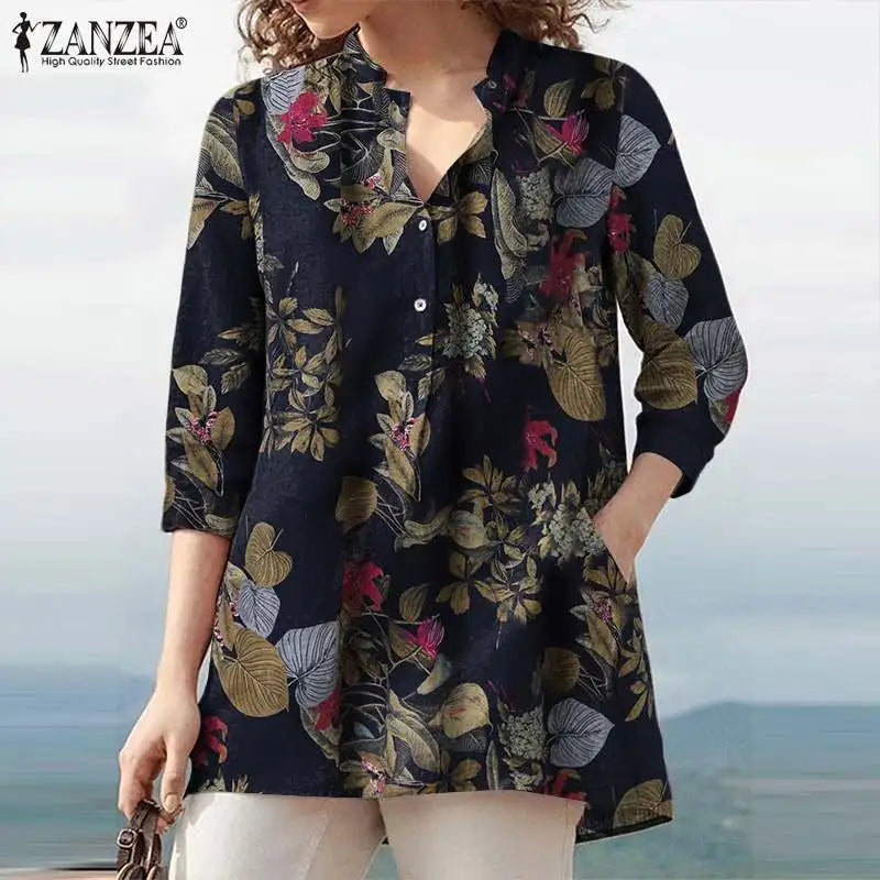Floral  Printed Blouse Oversized Women Casual V Neck 3/4 Sleeve Shirt ZANZEA Retro Maxi Cotton Tops Bohemian Work Female Blusas