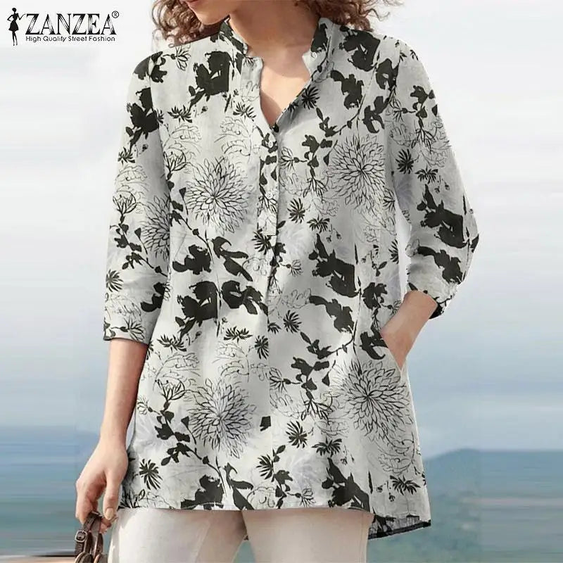 ZANZEA Women Autumn Floral Printed Blouse 2025 Bohemian 3/4 Sleeve Holiday Shirt Chemise Female Casual Party Blusas Tunic Tops