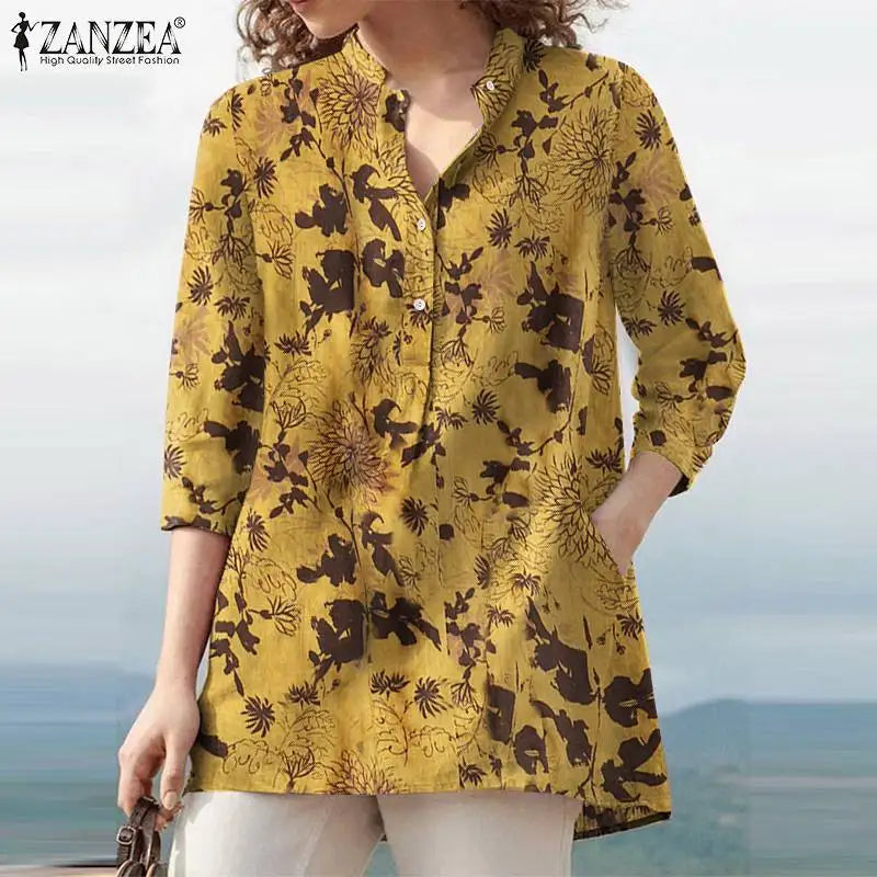 ZANZEA Women Autumn Floral Printed Blouse 2025 Bohemian 3/4 Sleeve Holiday Shirt Chemise Female Casual Party Blusas Tunic Tops
