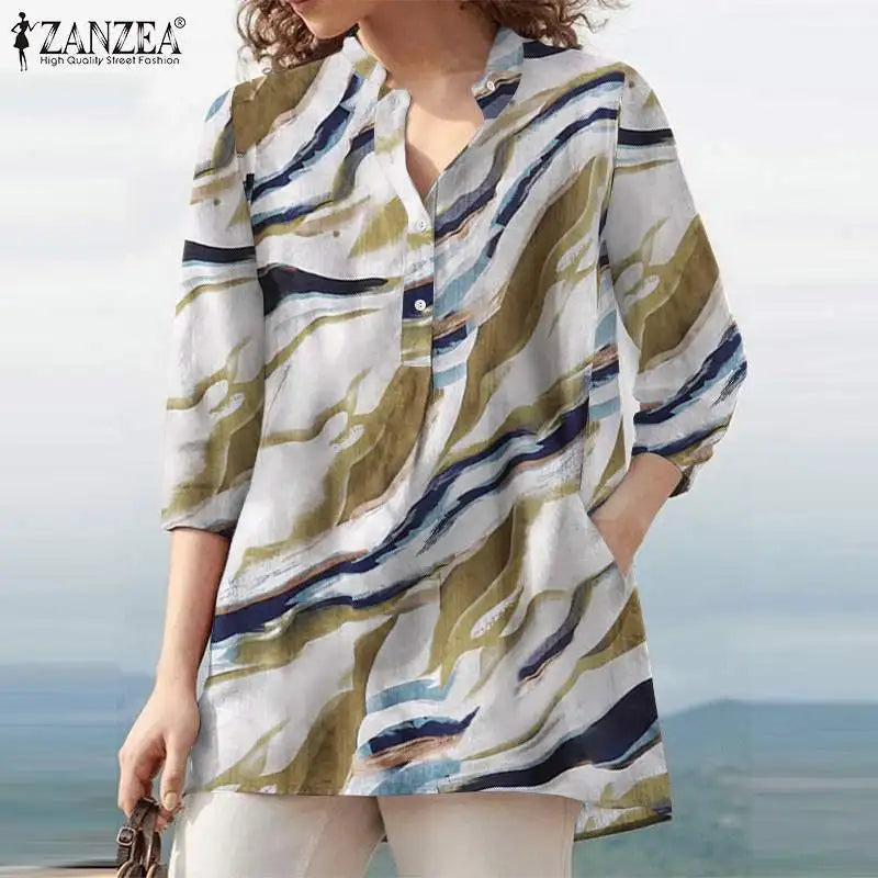 ZANZEA Women Autumn Floral Printed Blouse 2025 Bohemian 3/4 Sleeve Holiday Shirt Chemise Female Casual Party Blusas Tunic Tops