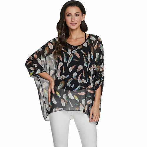BHflutter Plus Size Blouse Shirt Women Fashion Vintage Black Chiffon Blouses Ladies Batwing Casual Summer Tops Tunics ropa mujer
