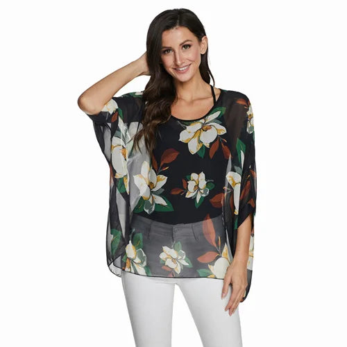 BHflutter Plus Size Blouse Shirt Women Fashion Vintage Black Chiffon Blouses Ladies Batwing Casual Summer Tops Tunics ropa mujer