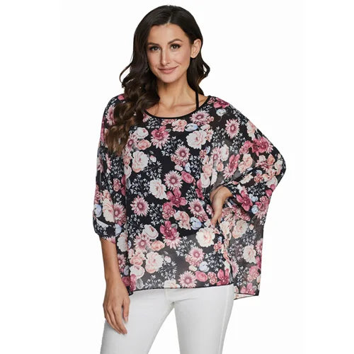 BHflutter Plus Size Blouse Shirt Women Fashion Vintage Black Chiffon Blouses Ladies Batwing Casual Summer Tops Tunics ropa mujer