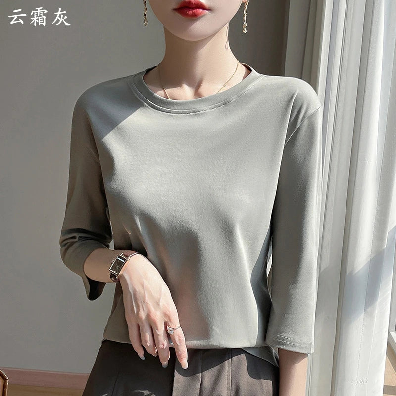 Spring And Summer New Cropped Sleeve Women's Round Neck Cotton T-shirt Loose Mercerized Cotton Short Sleeve Bottoming Shirt