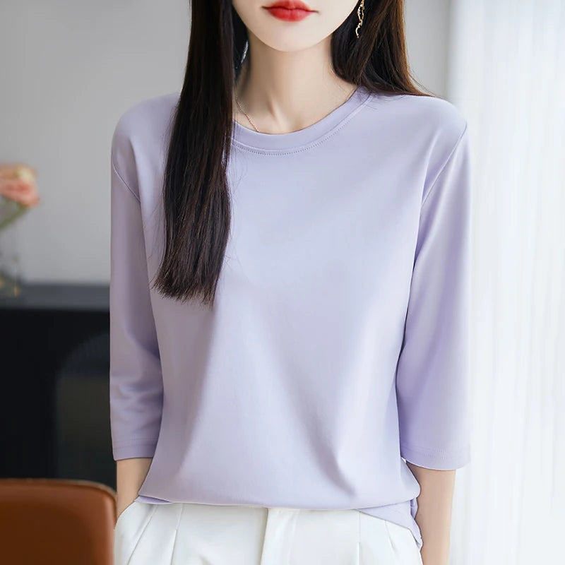 Spring And Summer New Cropped Sleeve Women's Round Neck Cotton T-shirt Loose Mercerized Cotton Short Sleeve Bottoming Shirt