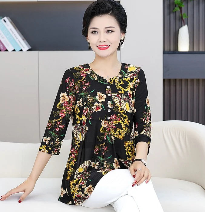 Women Clothes Casual Vintage Floral Print Ethnic Style Ice Silk T-shirt Summer Fashion O Neck 3/4 Sleeve Loose Tunic Ladies Tops