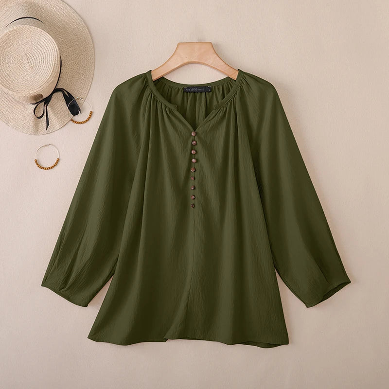Women Blouse ZANZEA 2026 Spring Summer Shirt Casual V-Neck 3/4 Sleeve Solid Tops Female Mujer Elegant OL Work Blouses Oversize