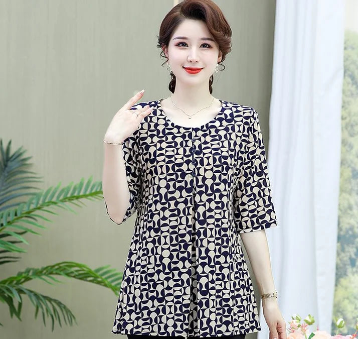 Women Clothes Casual Vintage Floral Print Ethnic Style Ice Silk T-shirt Summer Fashion O Neck 3/4 Sleeve Loose Tunic Ladies Tops