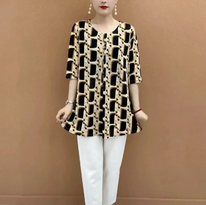 Women Clothes Casual Vintage Floral Print Ethnic Style Ice Silk T-shirt Summer Fashion O Neck 3/4 Sleeve Loose Tunic Ladies Tops