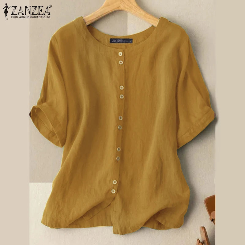 ZANZEA Summer Blouse Vintage Women Casual Loose Tunic Tops Solid Cotton Blusas O Neck Short Sleeve Shirt Buttons Down Chemise
