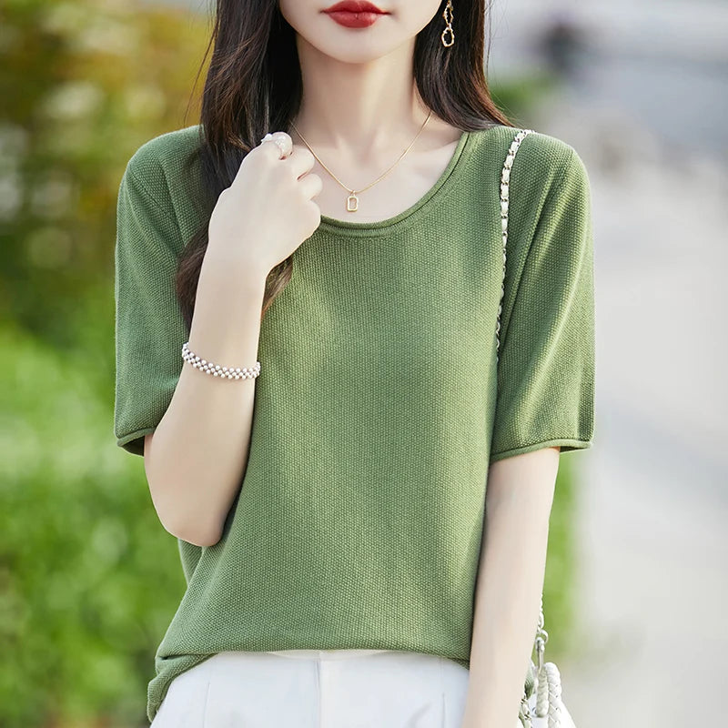 100% cotton ladies spring and summer comfortable round neck advanced design half sleeve pullover short sleeve blouse.