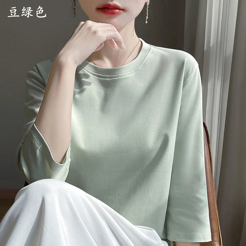 Spring And Summer New Cropped Sleeve Women's Round Neck Cotton T-shirt Loose Mercerized Cotton Short Sleeve Bottoming Shirt