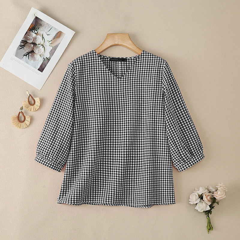 2026 Summer Plaid Blouse ZANZEA Stylish Women V Neck 3/4 Sleeve Tops Elegant Loose Work Shirt Casual Holiday Tunic Mujer Femme