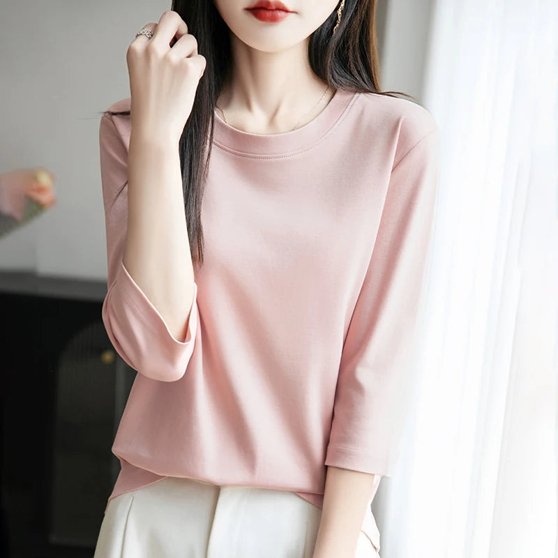 Spring And Summer New Cropped Sleeve Women's Round Neck Cotton T-shirt Loose Mercerized Cotton Short Sleeve Bottoming Shirt