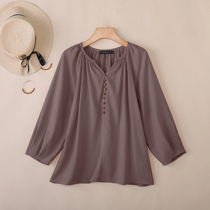 Women Blouse ZANZEA 2026 Spring Summer Shirt Casual V-Neck 3/4 Sleeve Solid Tops Female Mujer Elegant OL Work Blouses Oversize
