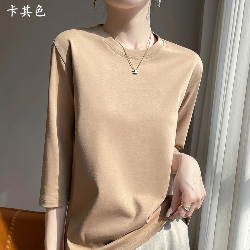 Spring And Summer New Cropped Sleeve Women's Round Neck Cotton T-shirt Loose Mercerized Cotton Short Sleeve Bottoming Shirt