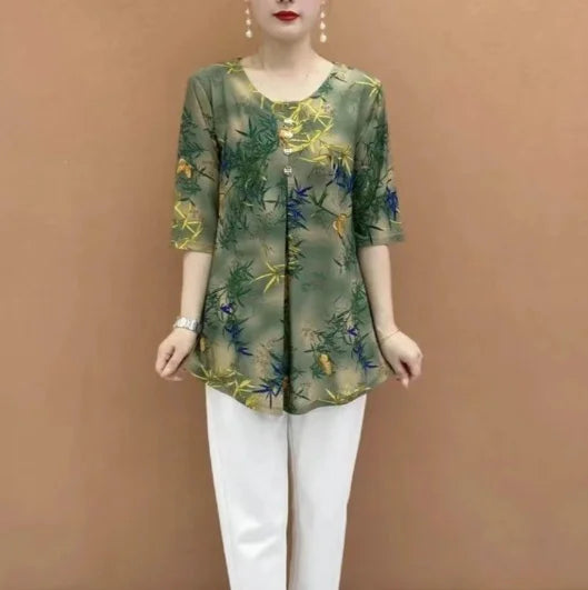 Women Clothes Casual Vintage Floral Print Ethnic Style Ice Silk T-shirt Summer Fashion O Neck 3/4 Sleeve Loose Tunic Ladies Tops