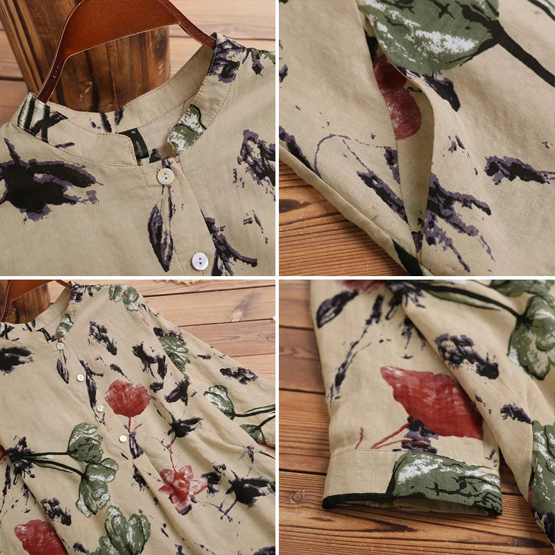 ZANZEA Woman Vintage Floral Printing Blouses Mandarin Colar Half-Button 3/4 Sleeve Cotton Blend Tunic Tops Spring Summer Blusas