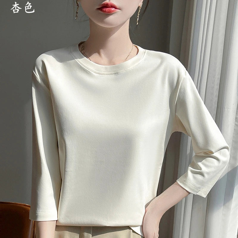 Spring And Summer New Cropped Sleeve Women's Round Neck Cotton T-shirt Loose Mercerized Cotton Short Sleeve Bottoming Shirt