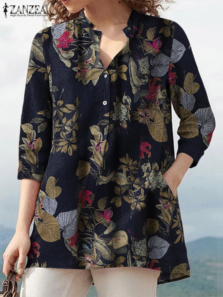 ZANZEA Oversize Women 3/4 Sleeve Blouses Vintage Floral Print Half-Button Cotton Shirts 2025 Summer Everyday Casual Loose Tops