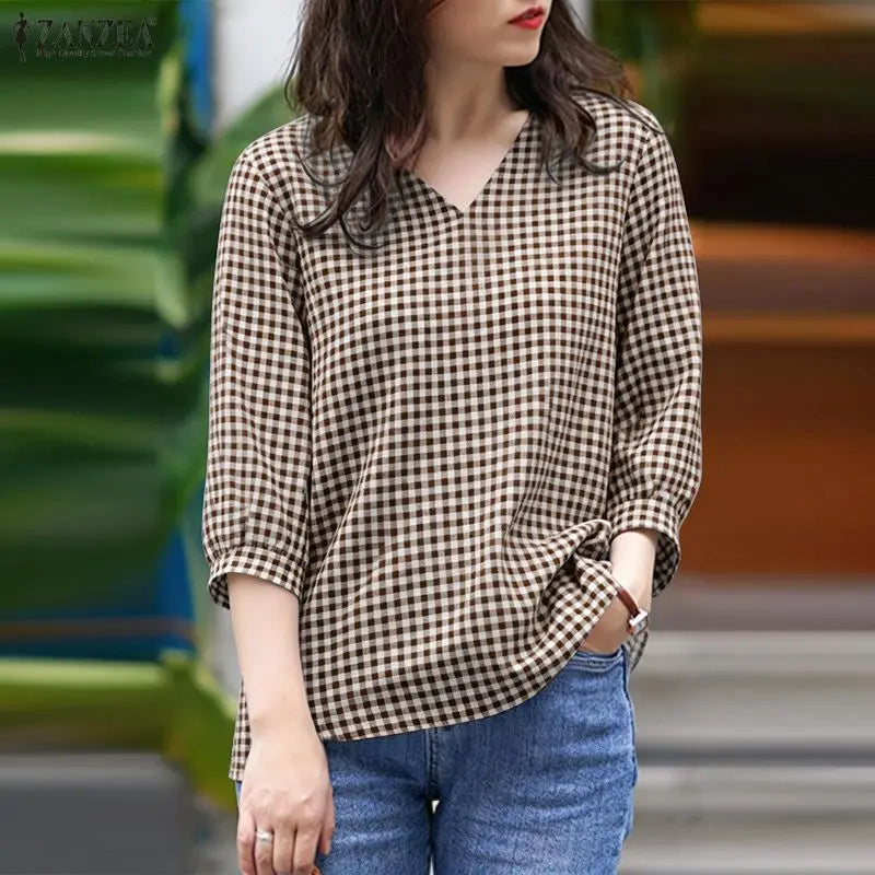 2026 Summer Plaid Blouse ZANZEA Stylish Women V Neck 3/4 Sleeve Tops Elegant Loose Work Shirt Casual Holiday Tunic Mujer Femme
