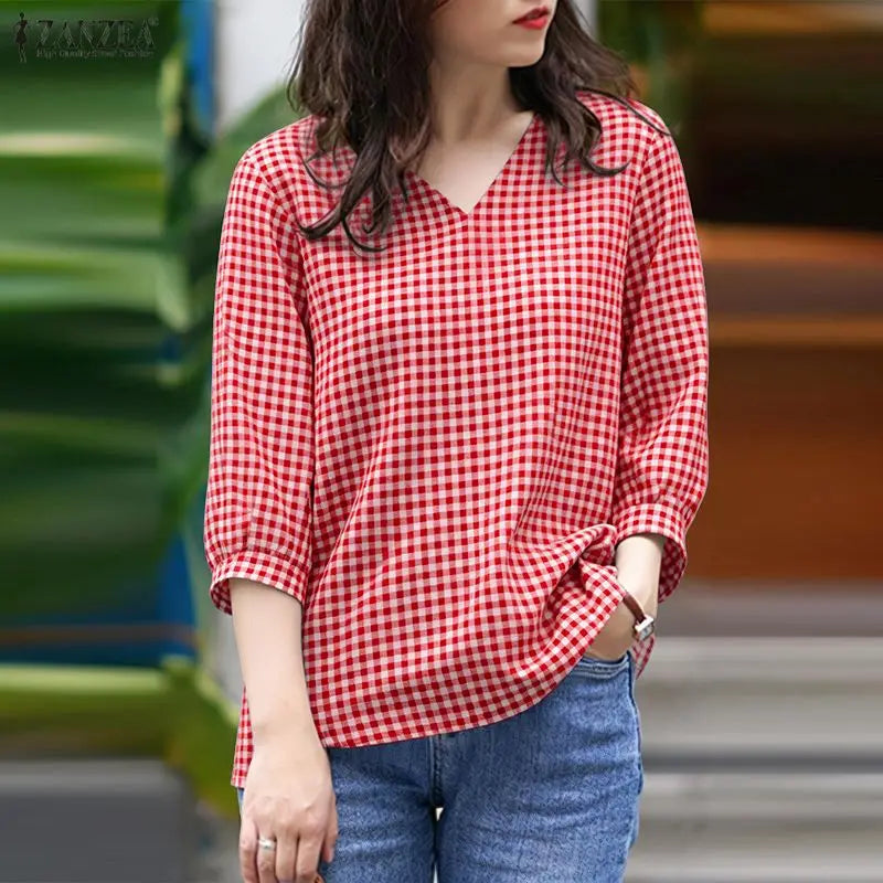 2026 Summer Plaid Blouse ZANZEA Stylish Women V Neck 3/4 Sleeve Tops Elegant Loose Work Shirt Casual Holiday Tunic Mujer Femme