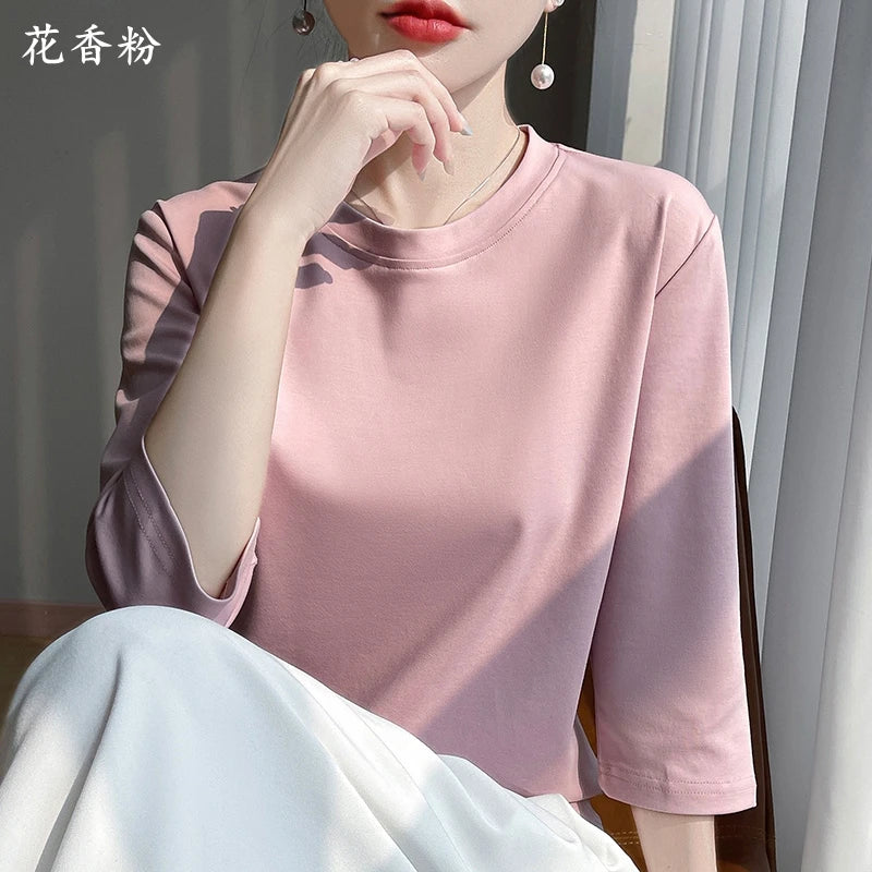 Spring And Summer New Cropped Sleeve Women's Round Neck Cotton T-shirt Loose Mercerized Cotton Short Sleeve Bottoming Shirt