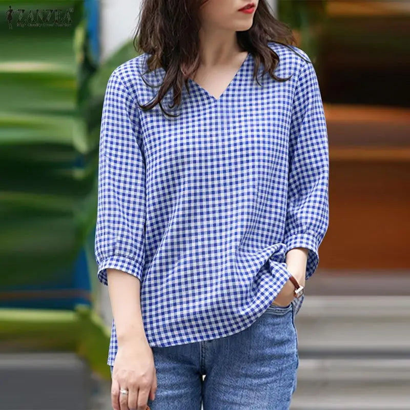 2026 Summer Plaid Blouse ZANZEA Stylish Women V Neck 3/4 Sleeve Tops Elegant Loose Work Shirt Casual Holiday Tunic Mujer Femme