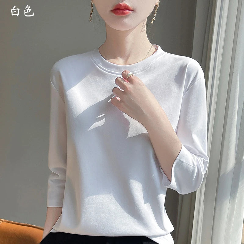 Spring And Summer New Cropped Sleeve Women's Round Neck Cotton T-shirt Loose Mercerized Cotton Short Sleeve Bottoming Shirt