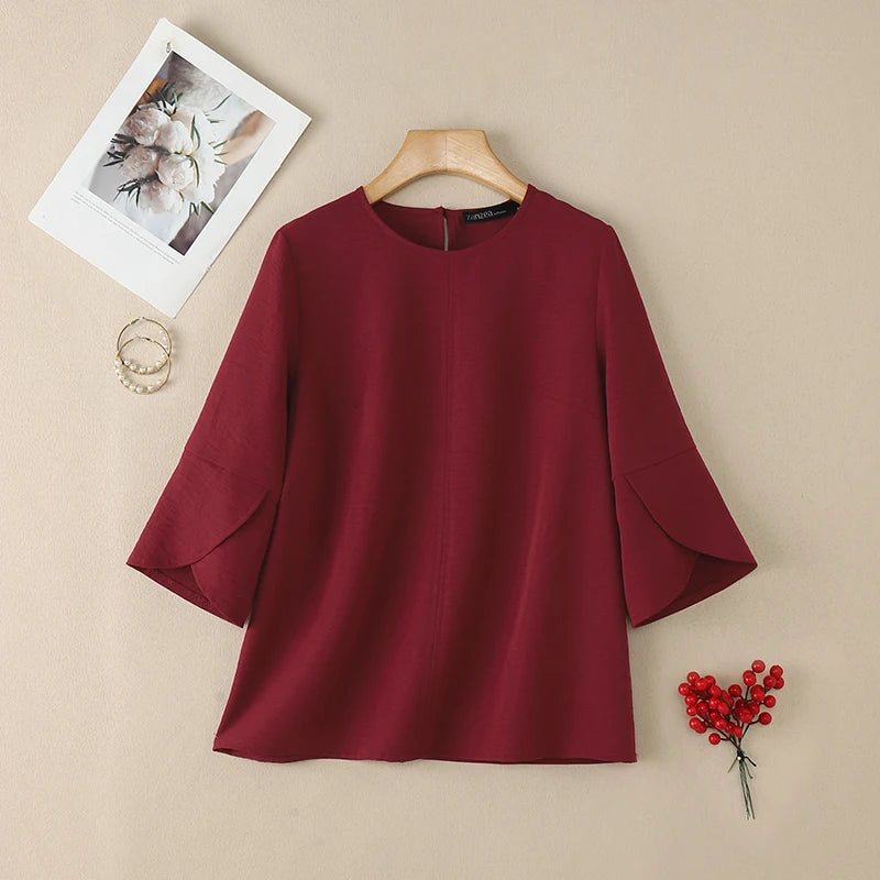 ZANZEA Summer Blouse Trend 2026 Women Office Shirt Elegant 3/4 Petal Sleeve Work Blouses Casual O Neck Solid Loose Tops Oversize
