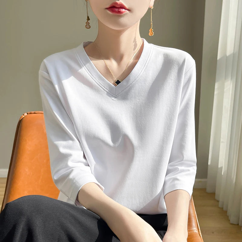 Spring And Summer New Cotton V-neck T-shirt Short-Sleeved Women's Half-Sleeve Bottoming Shirt High-End Cropped Sleeve Top