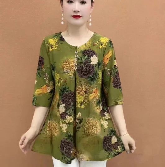 Women Clothes Casual Vintage Floral Print Ethnic Style Ice Silk T-shirt Summer Fashion O Neck 3/4 Sleeve Loose Tunic Ladies Tops