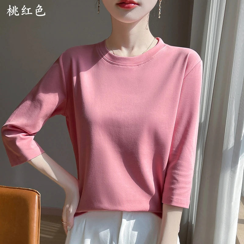 Spring And Summer New Cropped Sleeve Women's Round Neck Cotton T-shirt Loose Mercerized Cotton Short Sleeve Bottoming Shirt
