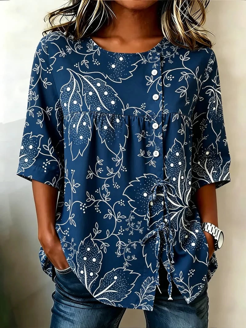 Ladies' casual shirt printed with artistic plants and flowers, lightweight and comfortable, for street wear and daily travel