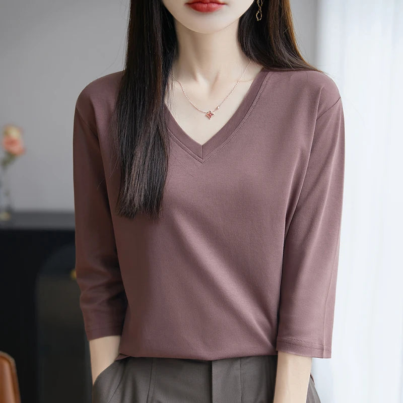 Spring And Summer New Cotton V-neck T-shirt Short-Sleeved Women's Half-Sleeve Bottoming Shirt High-End Cropped Sleeve Top