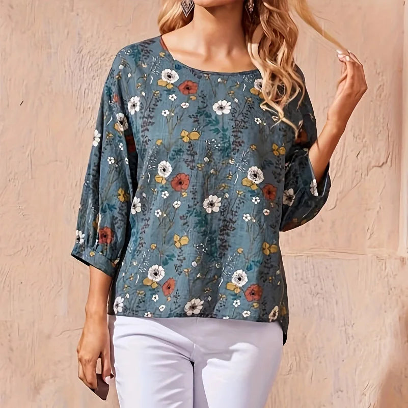 Plus size women's casual shirt, floral print round neck lantern sleeve loose top, women's office casual top