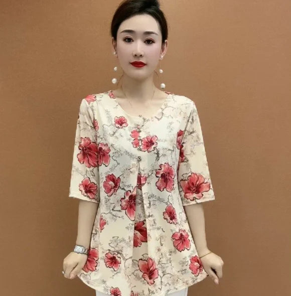 Women Clothes Casual Vintage Floral Print Ethnic Style Ice Silk T-shirt Summer Fashion O Neck 3/4 Sleeve Loose Tunic Ladies Tops