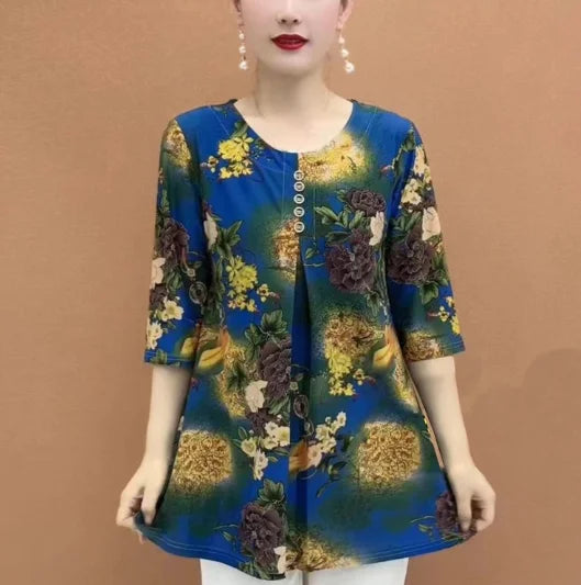Women Clothes Casual Vintage Floral Print Ethnic Style Ice Silk T-shirt Summer Fashion O Neck 3/4 Sleeve Loose Tunic Ladies Tops