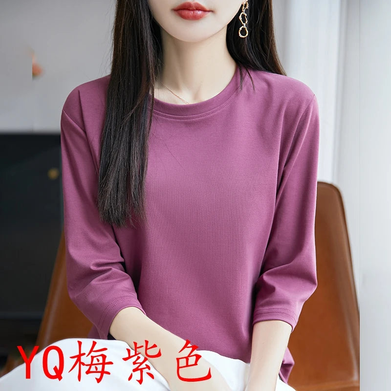 Spring And Summer New Cropped Sleeve Women's Round Neck Cotton T-shirt Loose Mercerized Cotton Short Sleeve Bottoming Shirt