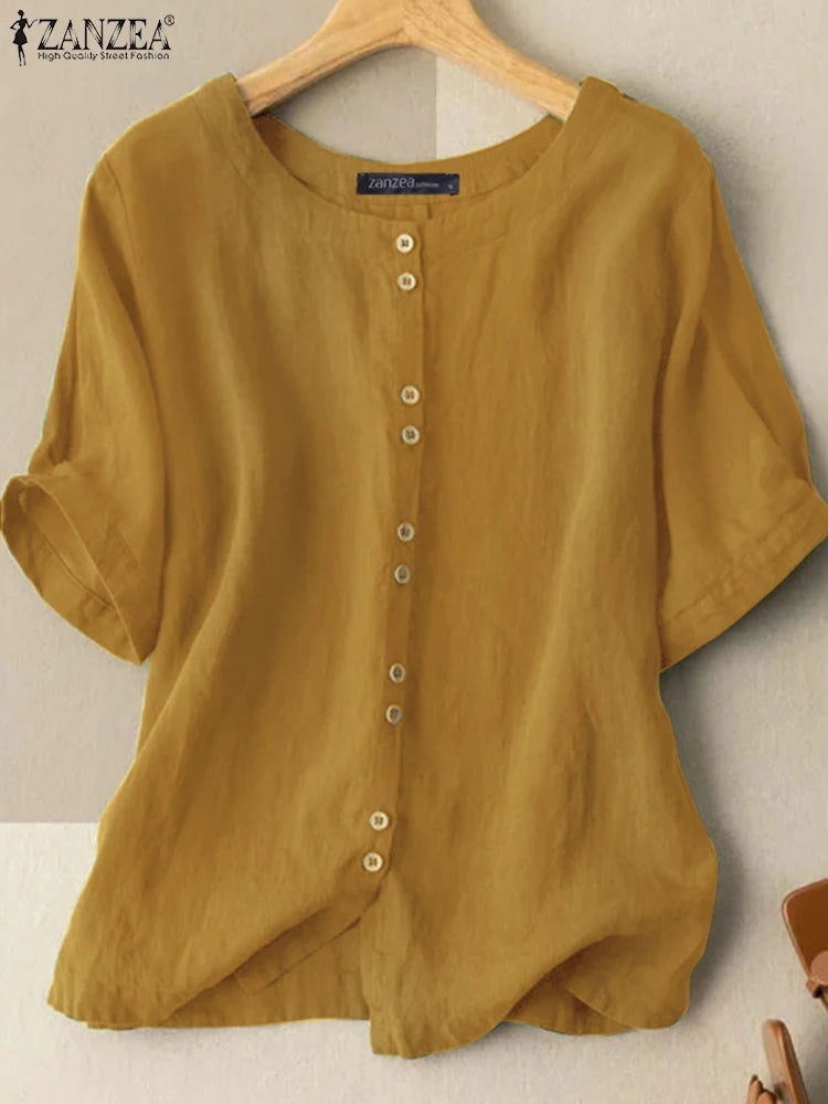 ZANZEA Summer Blouse Vintage Women Casual Loose Tunic Tops Solid Cotton Blusas O Neck Short Sleeve Shirt Buttons Down Chemise