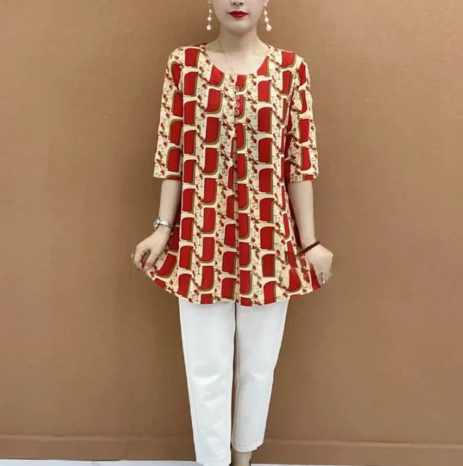 Women Clothes Casual Vintage Floral Print Ethnic Style Ice Silk T-shirt Summer Fashion O Neck 3/4 Sleeve Loose Tunic Ladies Tops