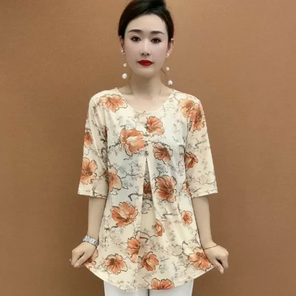 Women Clothes Casual Vintage Floral Print Ethnic Style Ice Silk T-shirt Summer Fashion O Neck 3/4 Sleeve Loose Tunic Ladies Tops