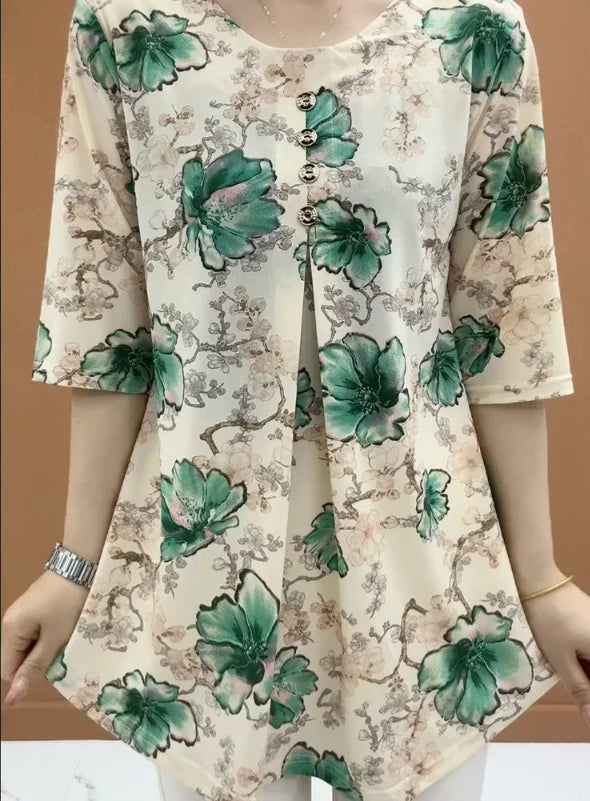 Women Clothes Casual Vintage Floral Print Ethnic Style Ice Silk T-shirt Summer Fashion O Neck 3/4 Sleeve Loose Tunic Ladies Tops